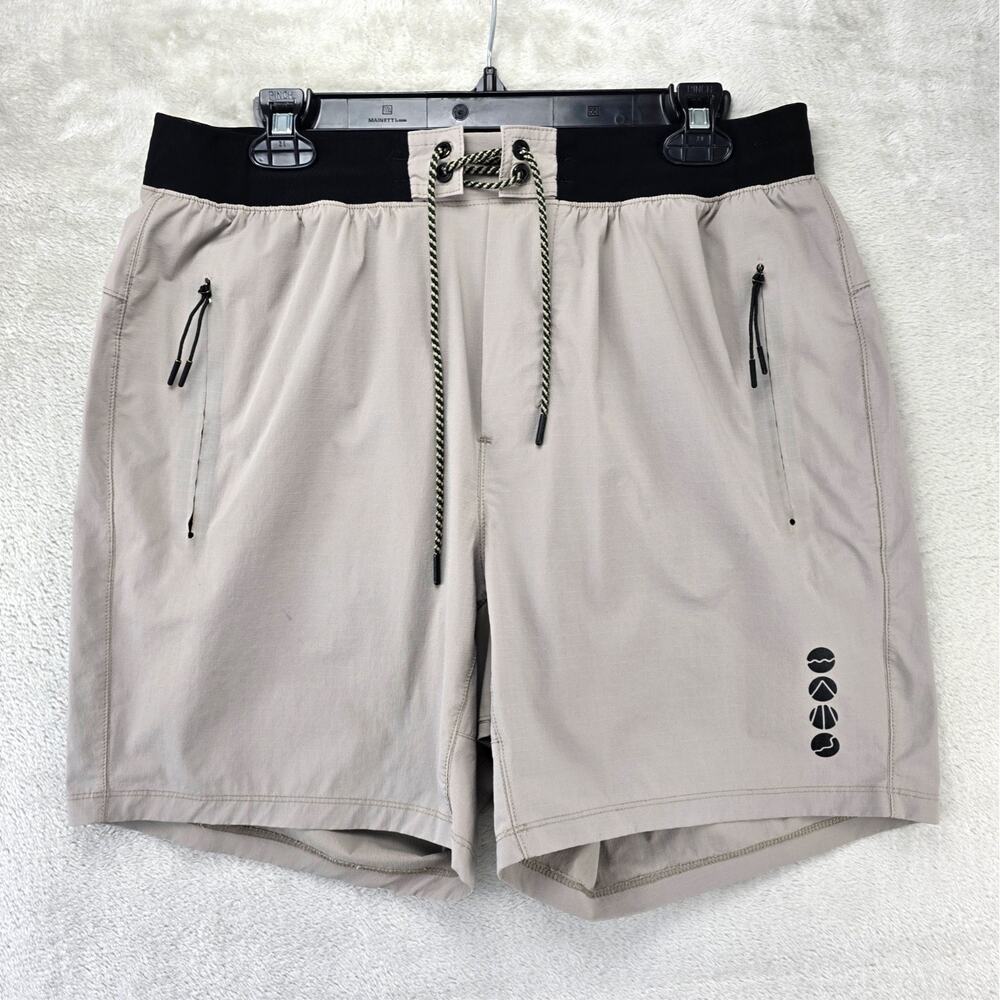 Bearded Goat Rambler Shorts Mens Large Beige Black Athletic Performance